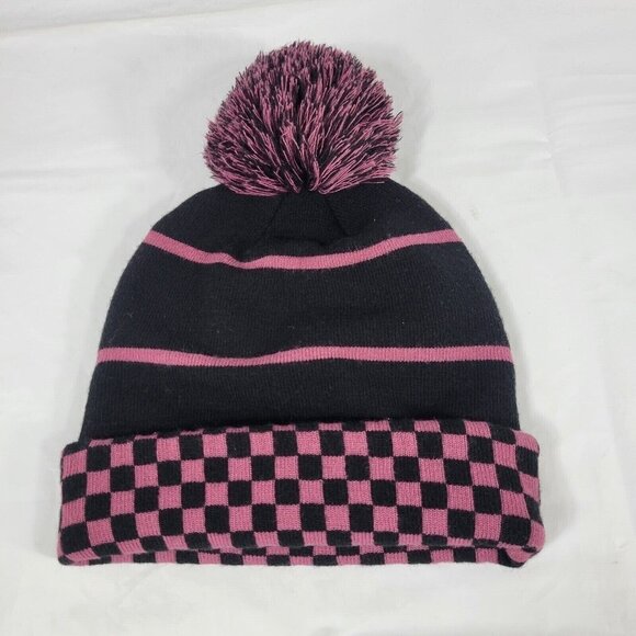 Vans Beanie Hat Adult One Size Pom Check Stripe Pink Skater Casual Warm Winter - Picture 2 of 6